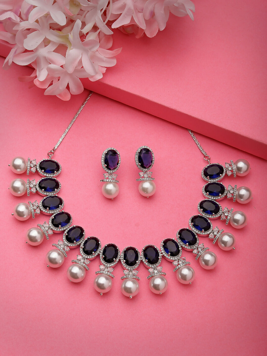 NVR Women's Silver-Plated Blue American Diamond Studded Handcrafted Jewellery Set - Swadesiicart