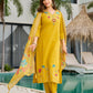 The52 Yellow Women's Gorgeous Embroidered work Viscose Gadhwal Fabric Straight Kurta, Pant and Dupatta Set - Swadesiicart