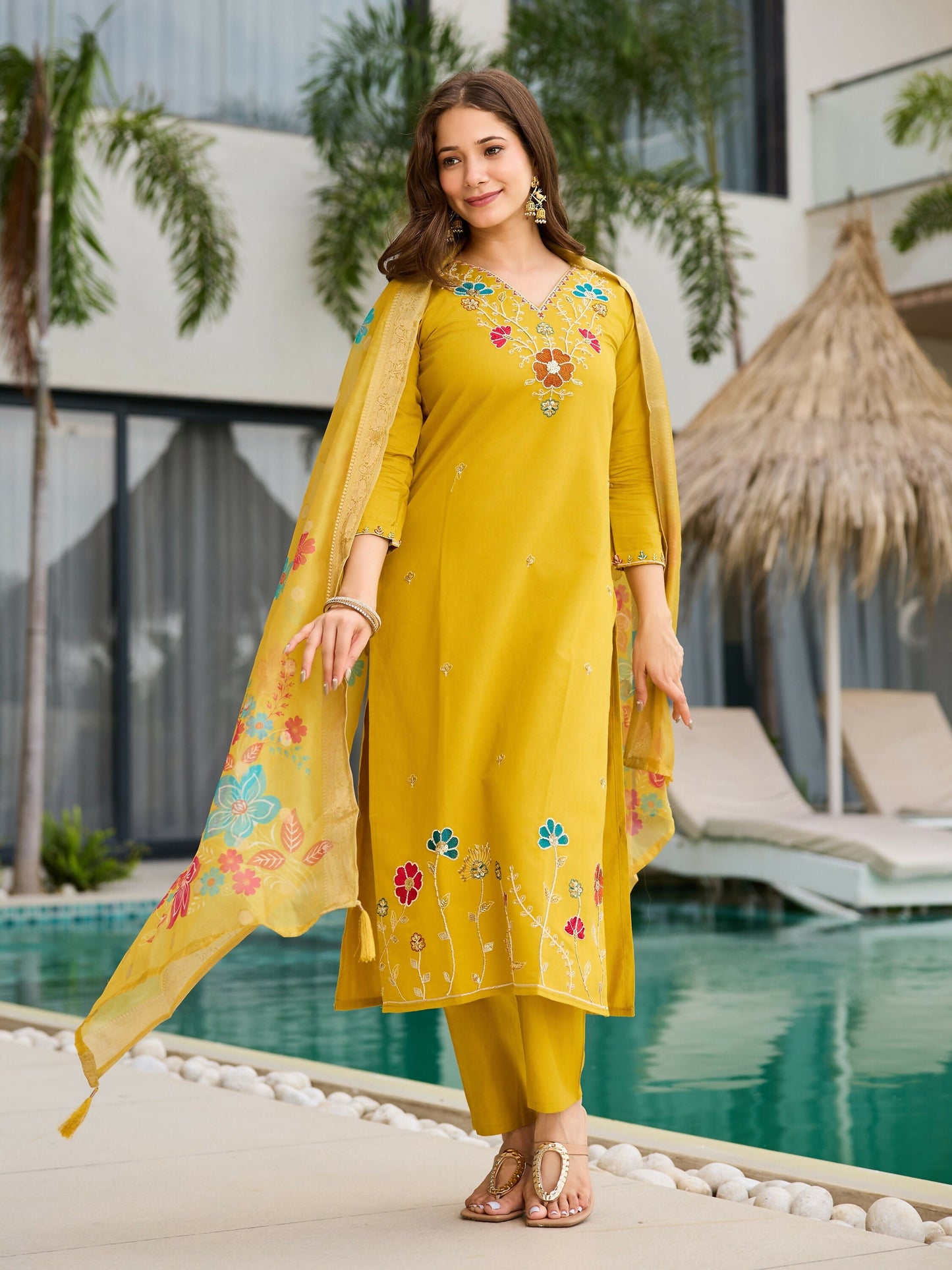 The52 Yellow Women's Gorgeous Embroidered work Viscose Gadhwal Fabric Straight Kurta, Pant and Dupatta Set - Swadesiicart