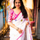 White Pure Linen Ethnic Motifs Saree with Unstitched Blouse - Hiral Fashion | Swadesiicart