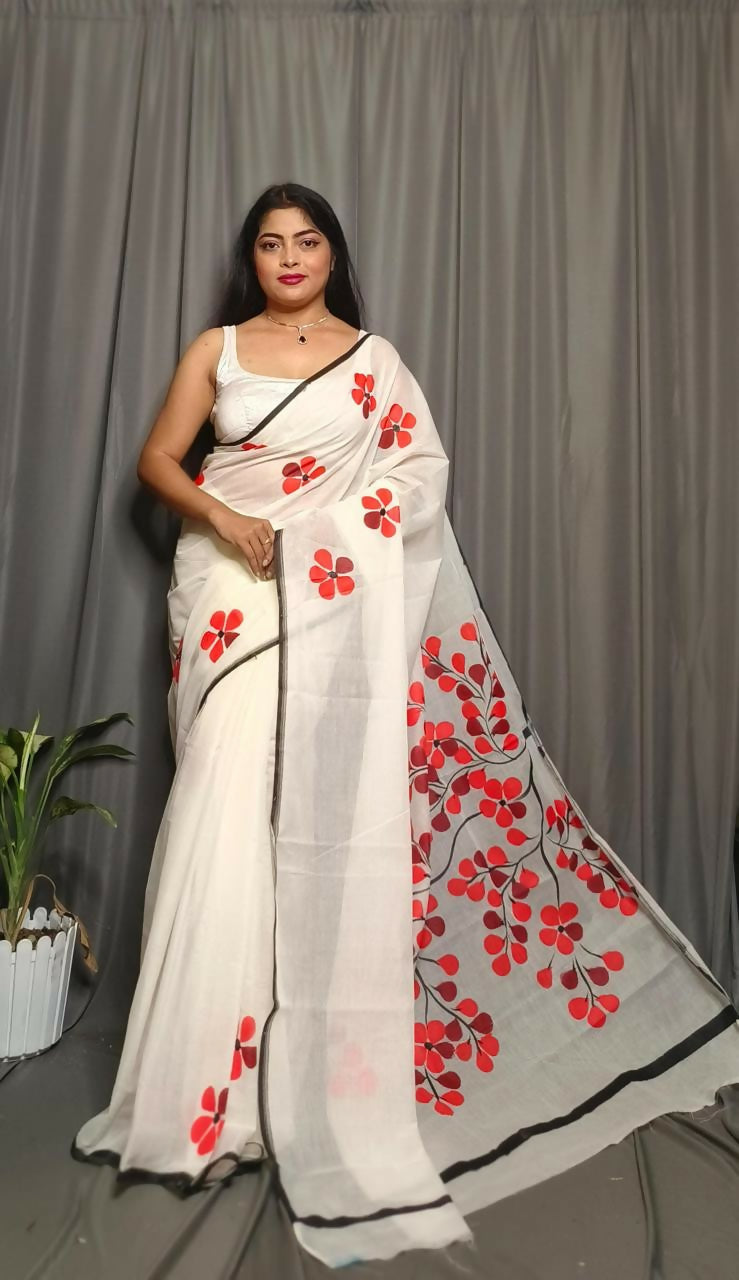 Exclusive Collection Beautiful White Red Pure Cotton Hand Print Handloom Saree With Running Blouse Piece - Swadesiicart