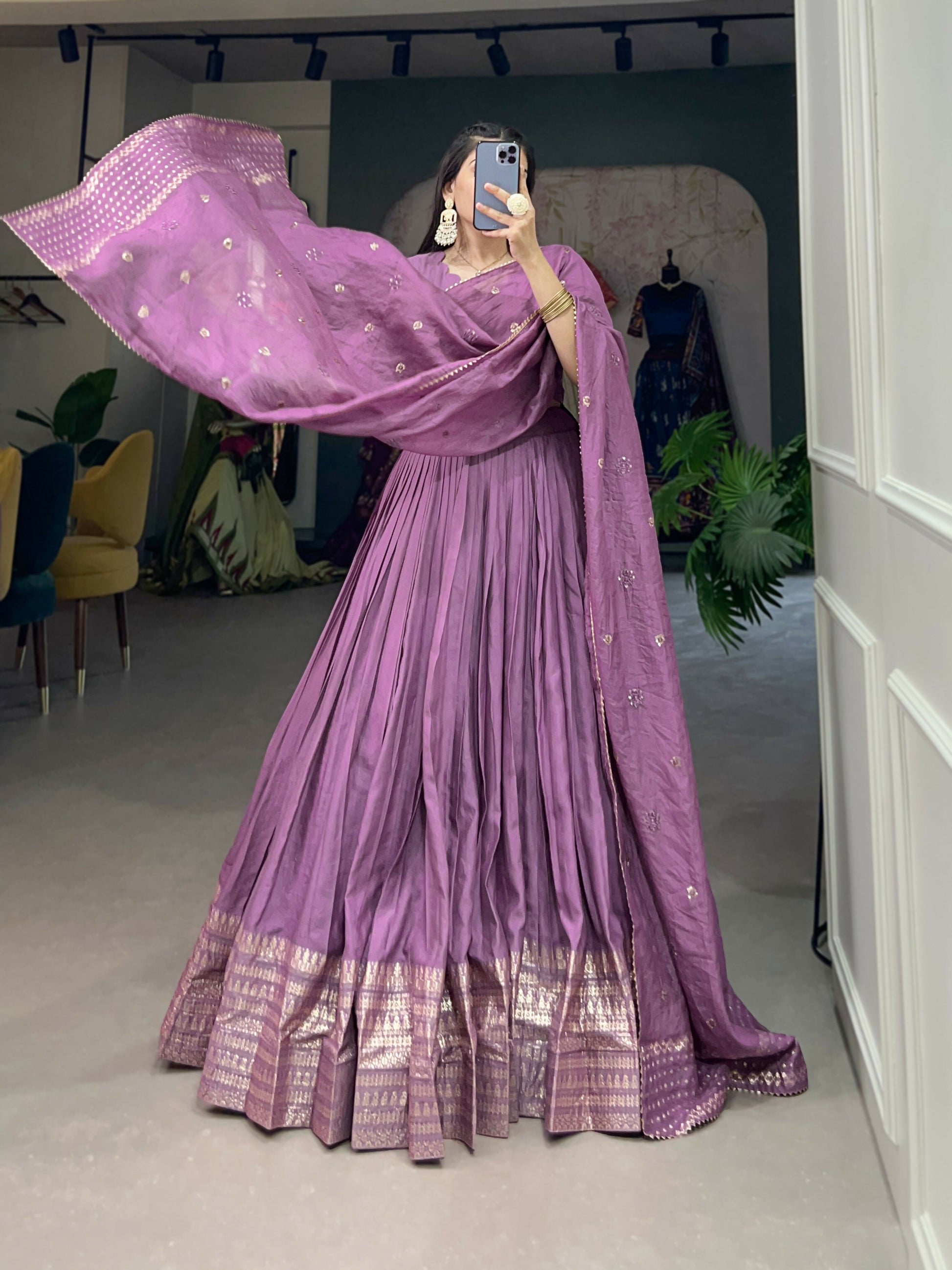 Lorenvalley Lavender Pure Chanderi Plain With Zari Weaving Work Border Lehenga Choli | Swadesiicart