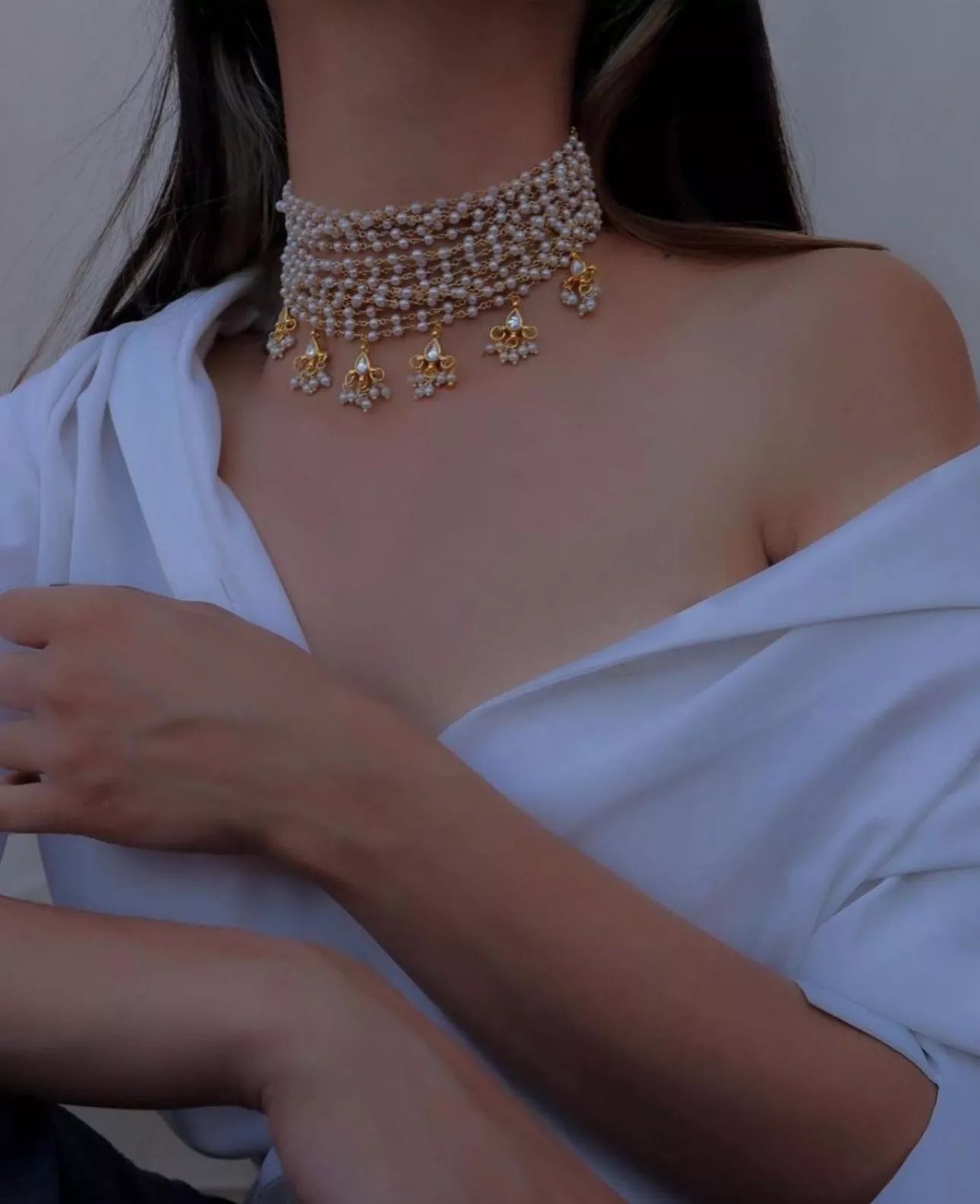 Jewel City Exquisite Gold-Plated Pearl Choker Necklace Set - Traditional Indian Bridal Jewelry Hanging Pearls | Swadesiicart