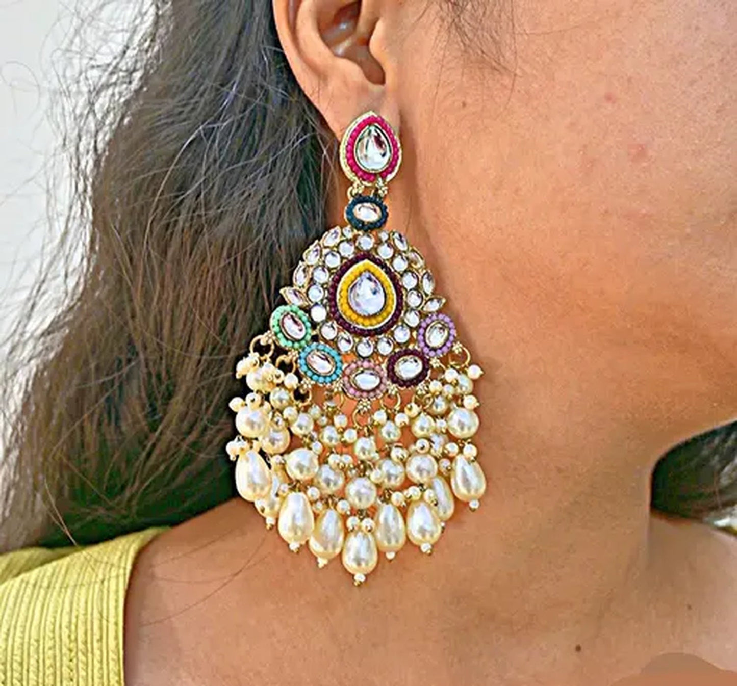 Jewel City Handcrafted Multicolor Kundan Pearl Chandbali Earrings | Traditional Ethnic Gold-Plated Indian Jewelry | Swadesiicart