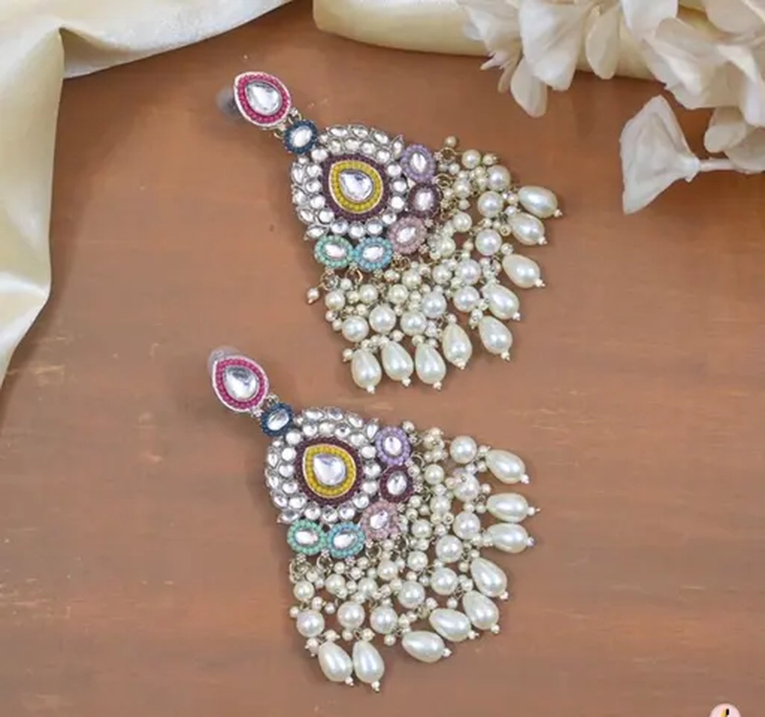 Jewel City Handcrafted Multicolor Kundan Pearl Chandbali Earrings | Traditional Ethnic Gold-Plated Indian Jewelry | Swadesiicart