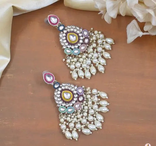 Jewel City Handcrafted Multicolor Kundan Pearl Chandbali Earrings | Traditional Ethnic Gold-Plated Indian Jewelry | Swadesiicart