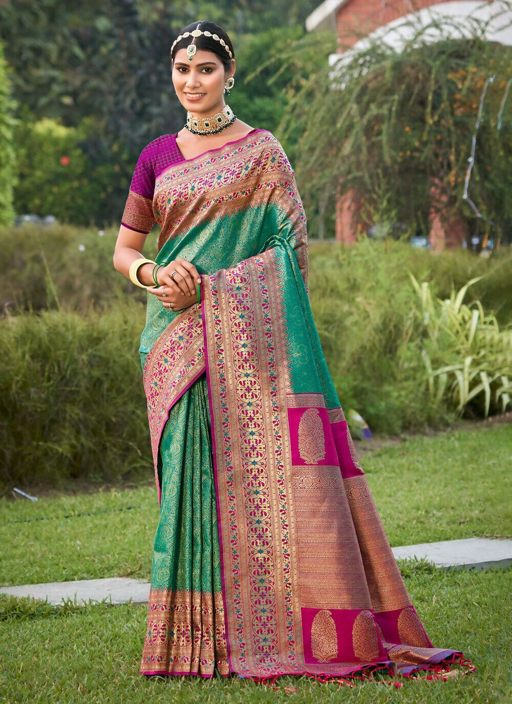 Shree Shyam Fashion Rama Green Banarasi Silk Saree