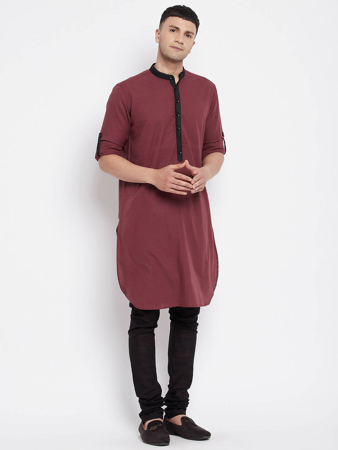 Even Apparels Maroon Pure Cotton Men's Kurta With Contrast Collar And Placket | Swadesiicart