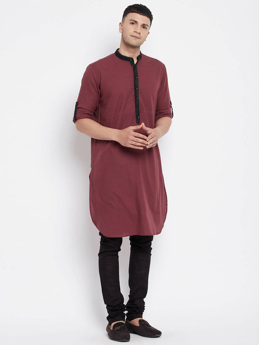 Even Apparels Maroon Pure Cotton Men's Kurta With Contrast Collar And Placket | Swadesiicart