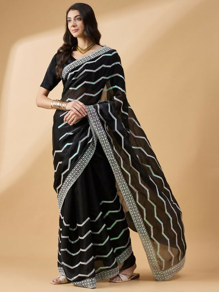 Black Tissue Slub Embroidered Saree with Unstitched Blouse - Vairagi