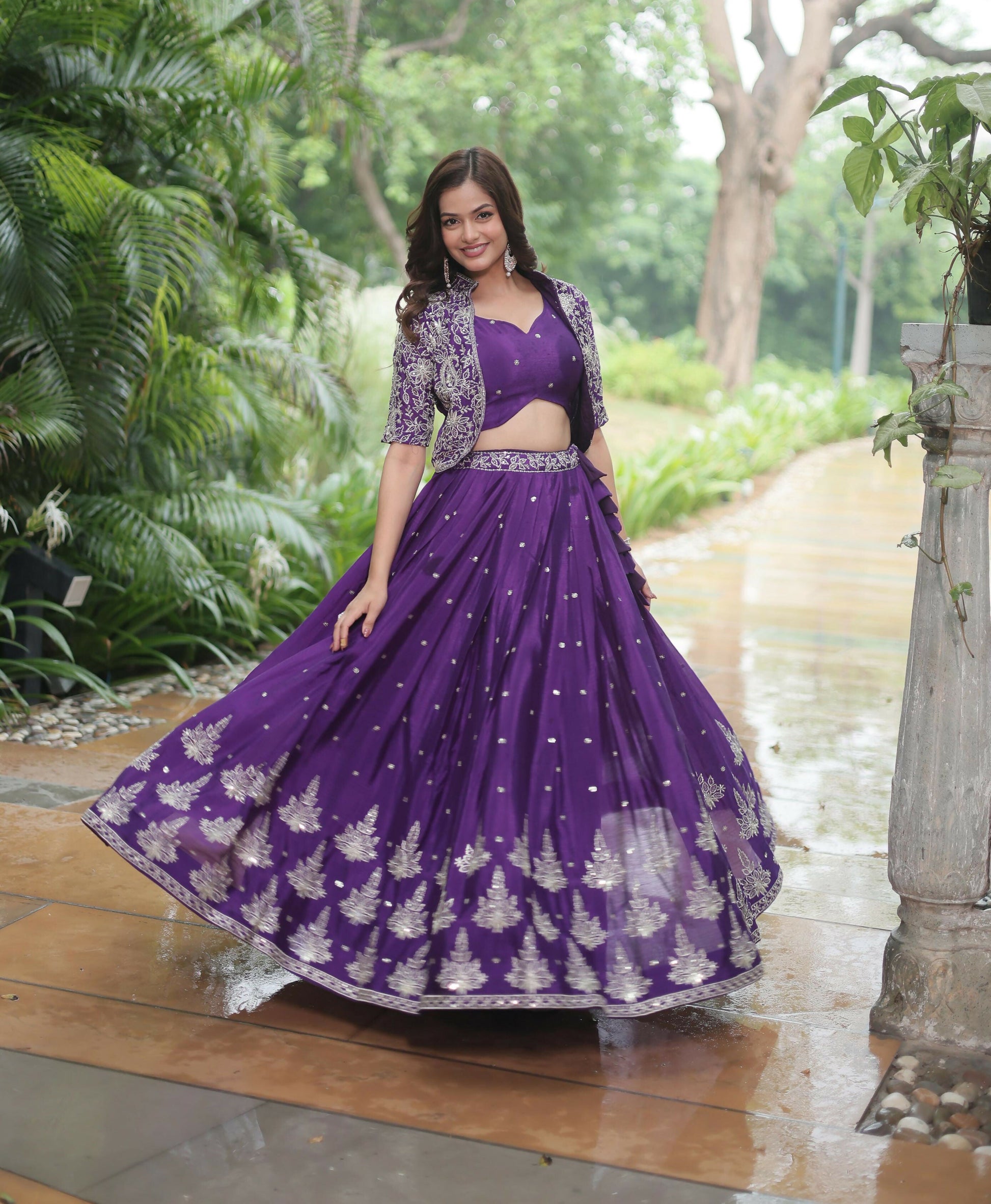 Lorenvalley Pure Chinnon With Rich Embroidered Sequins Work Lehenga Choli with Koti | Swadesiicart
