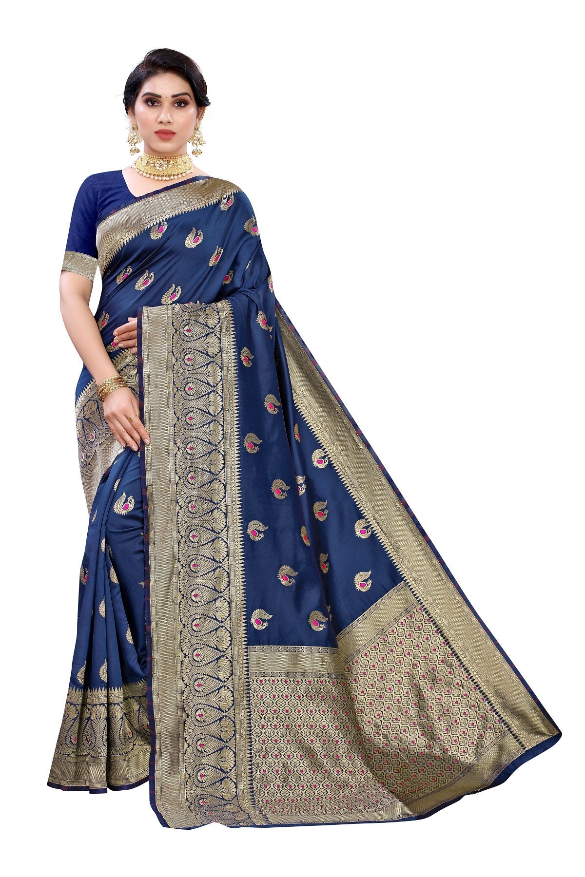 Vamika Blue Weaving Banarasi Jacquard Saree | Swadesiicart
