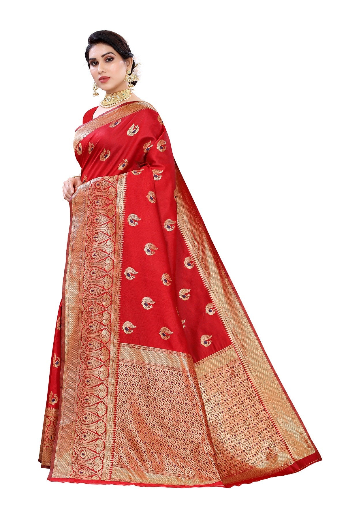 Vamika Red Weaving Banarasi Jacquard Saree | Swadesiicart