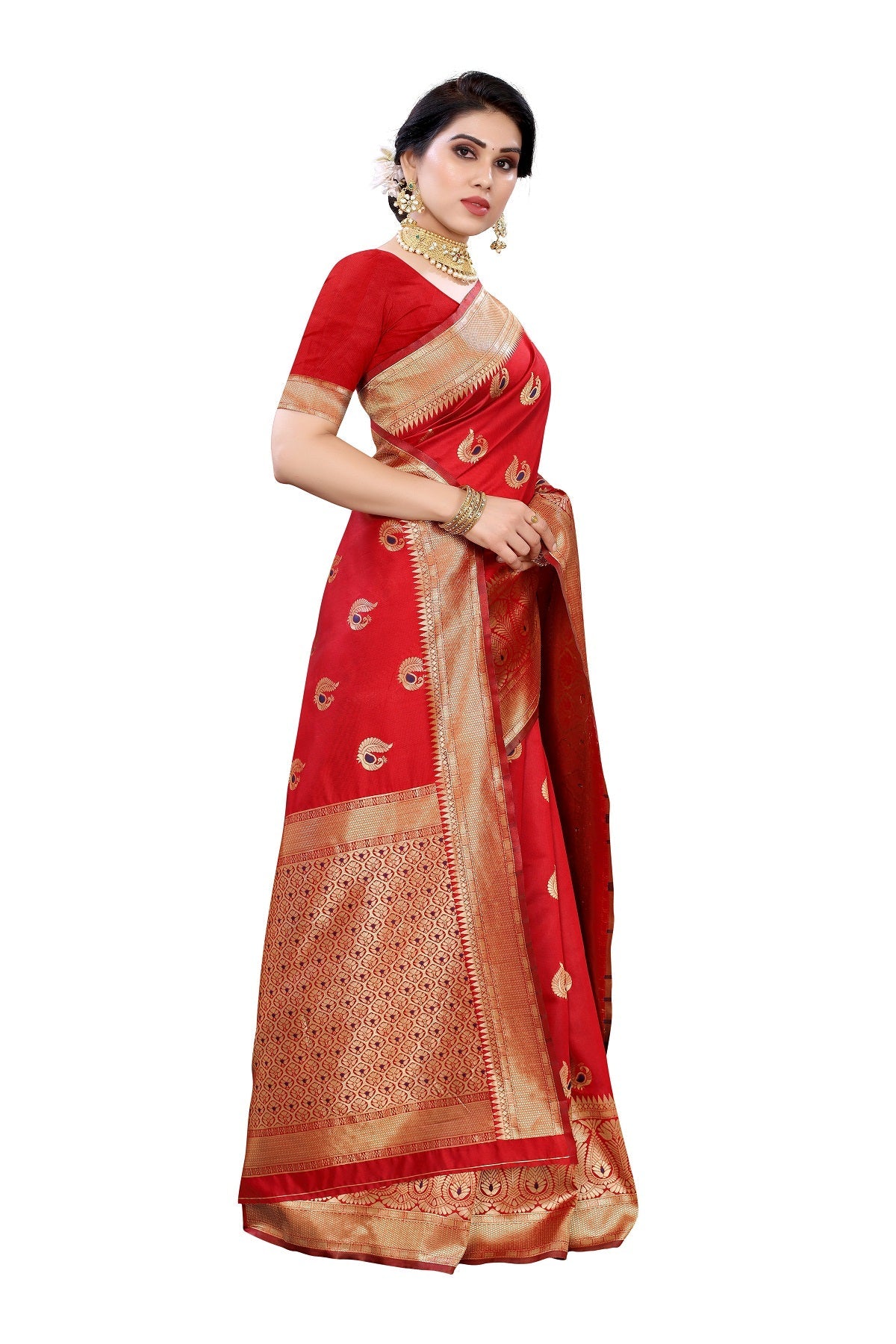 Vamika Red Weaving Banarasi Jacquard Saree | Swadesiicart