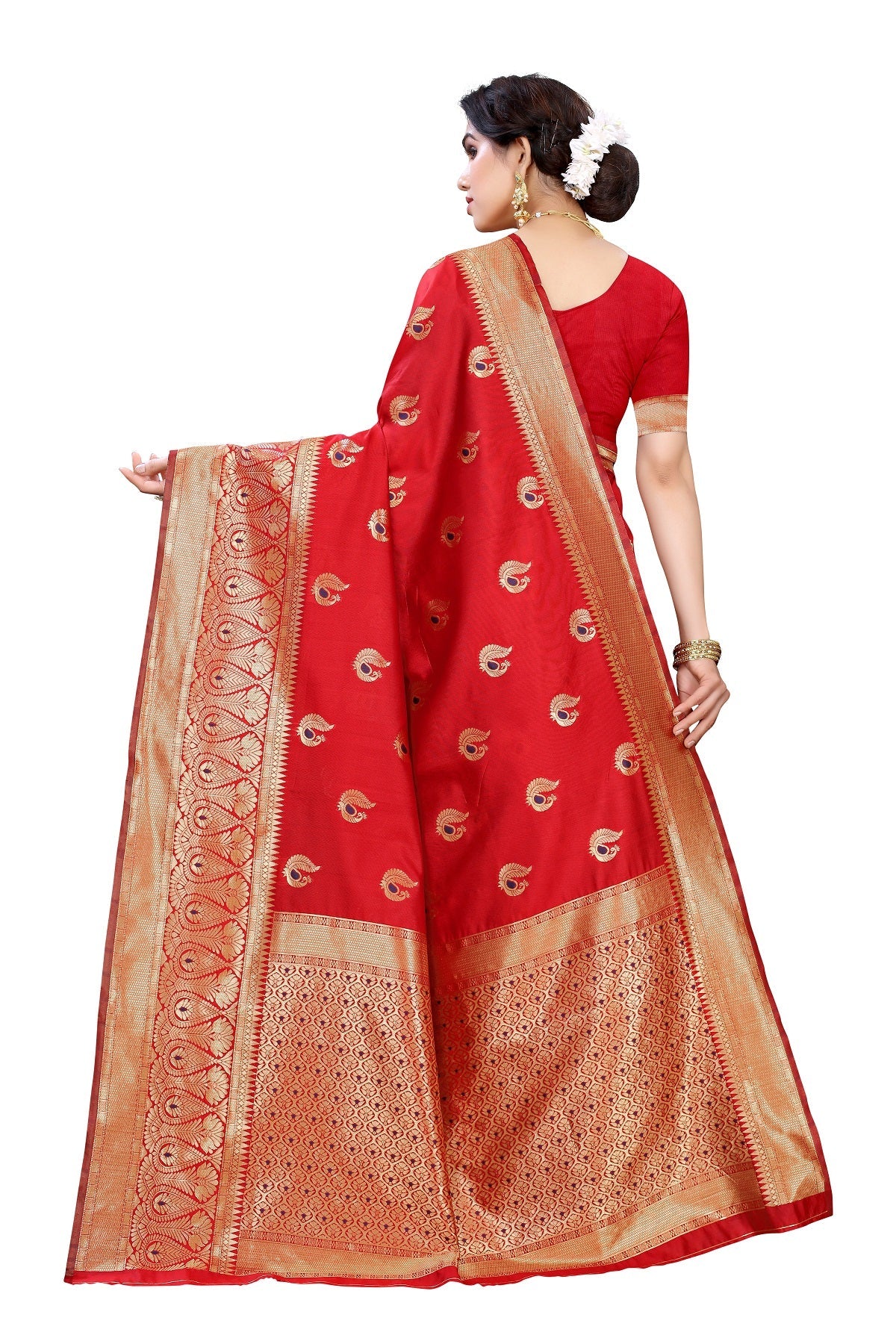 Vamika Red Weaving Banarasi Jacquard Saree | Swadesiicart