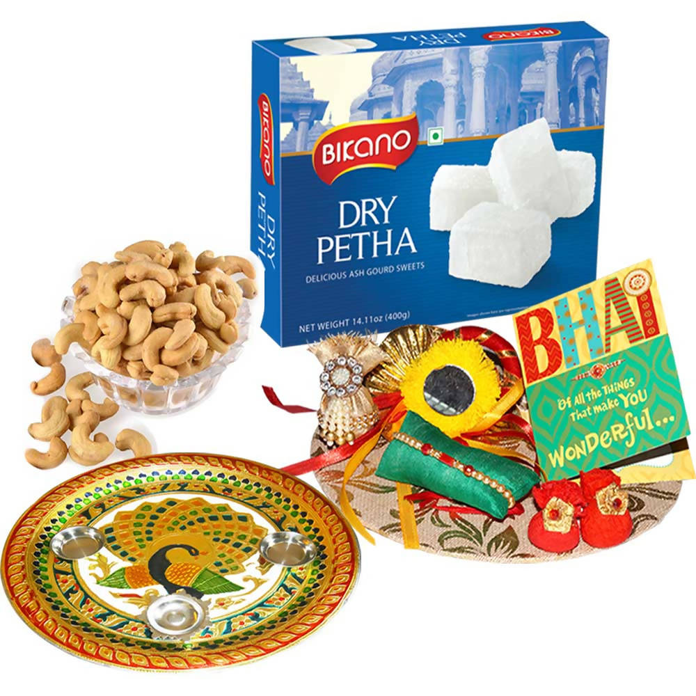 Bikano Dry Petha and Salted Kaju Rakhi Puja Thali Gifts | Swadesiicart
