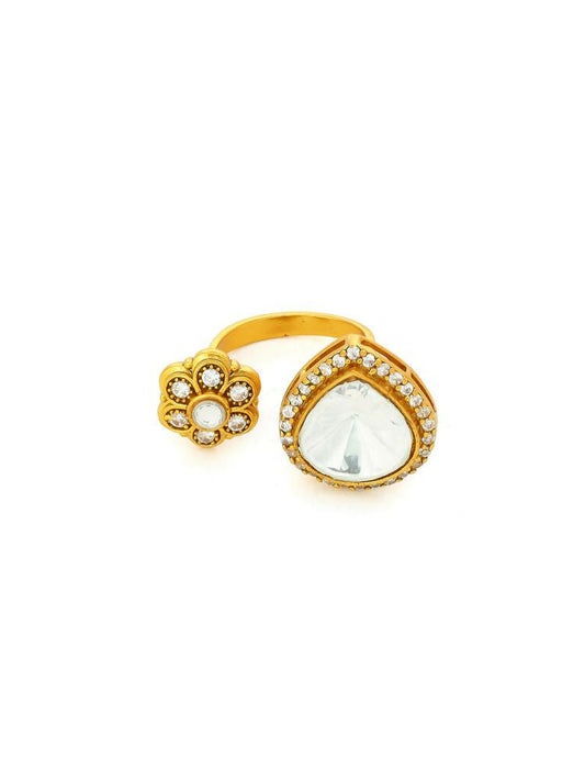 Kundan Gold Plated Hexagon and Pear Ring - Ruby Raang | Swadesiicart