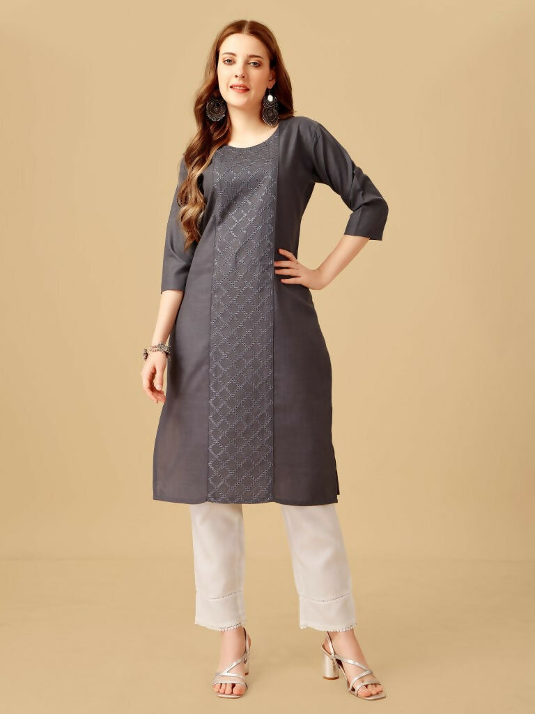 Jyoti Fashion Women's Grey Cotton Blend Embroidered Kurta Pant Set | Swadesiicart