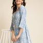 Blue Linen Floral Printed Straight Fit Kurta - Prasuti