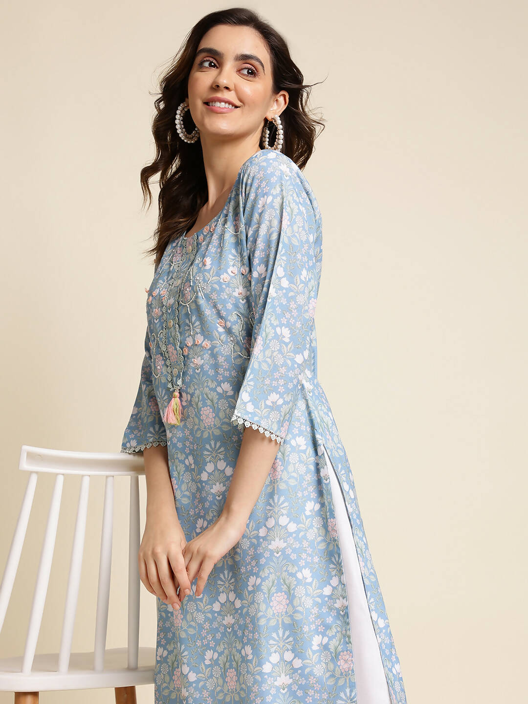 Blue Linen Floral Printed Straight Fit Kurta - Prasuti