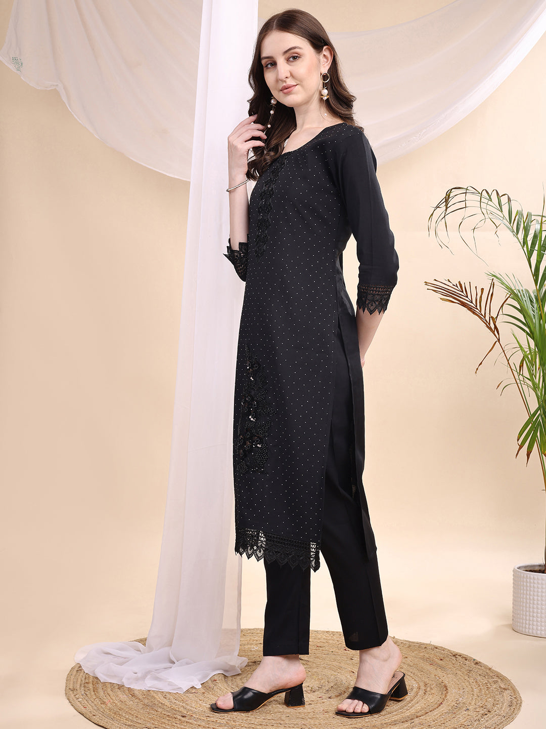 Beads & Swarovski Embroidered Kurta With Pant & Dupatta, Black - Hiral Fashion