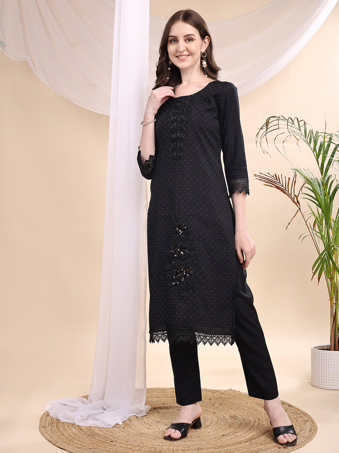 Beads & Swarovski Embroidered Kurta With Pant & Dupatta, Black - Hiral Fashion