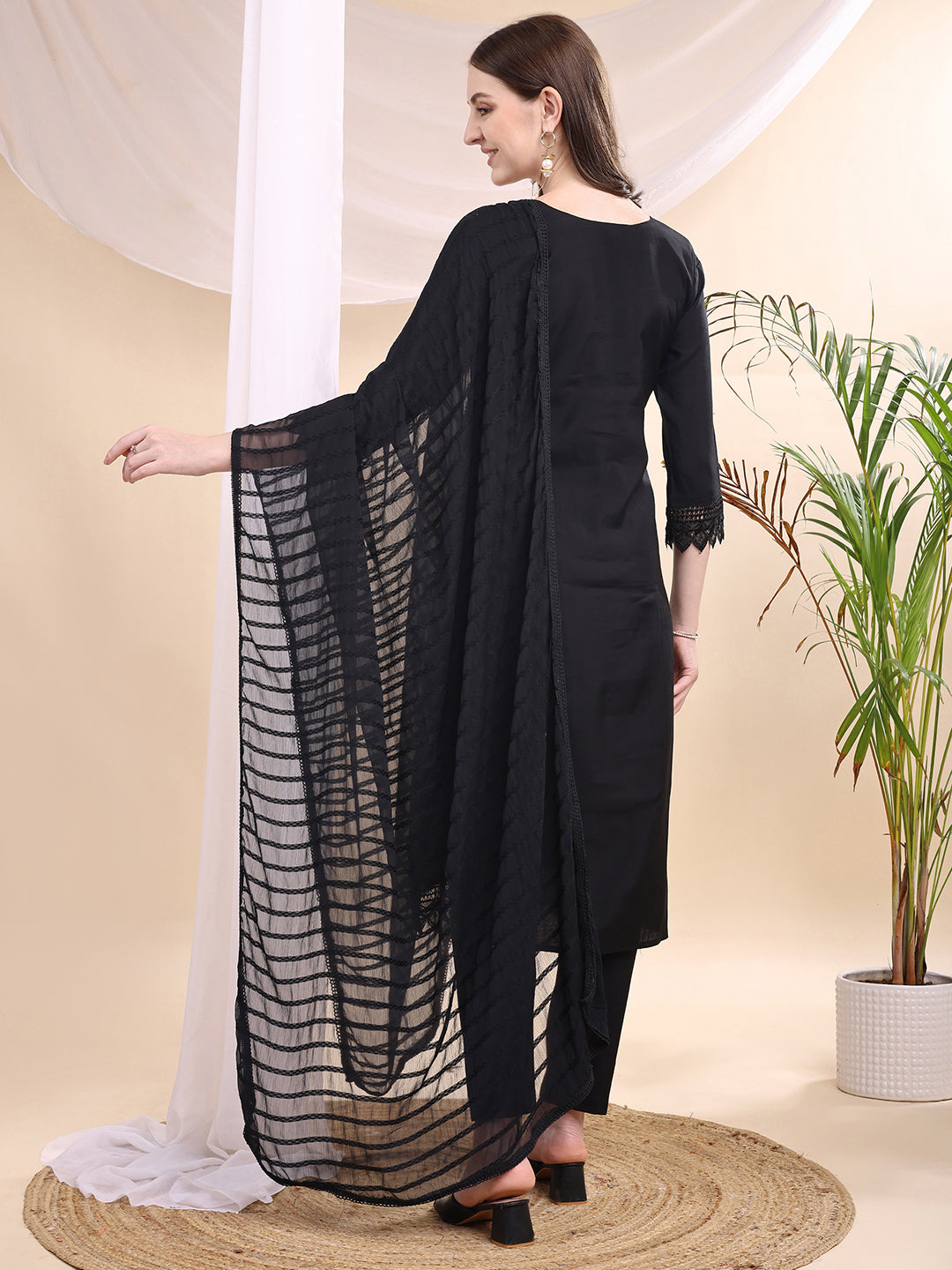 Beads & Swarovski Embroidered Kurta With Pant & Dupatta, Black - Hiral Fashion