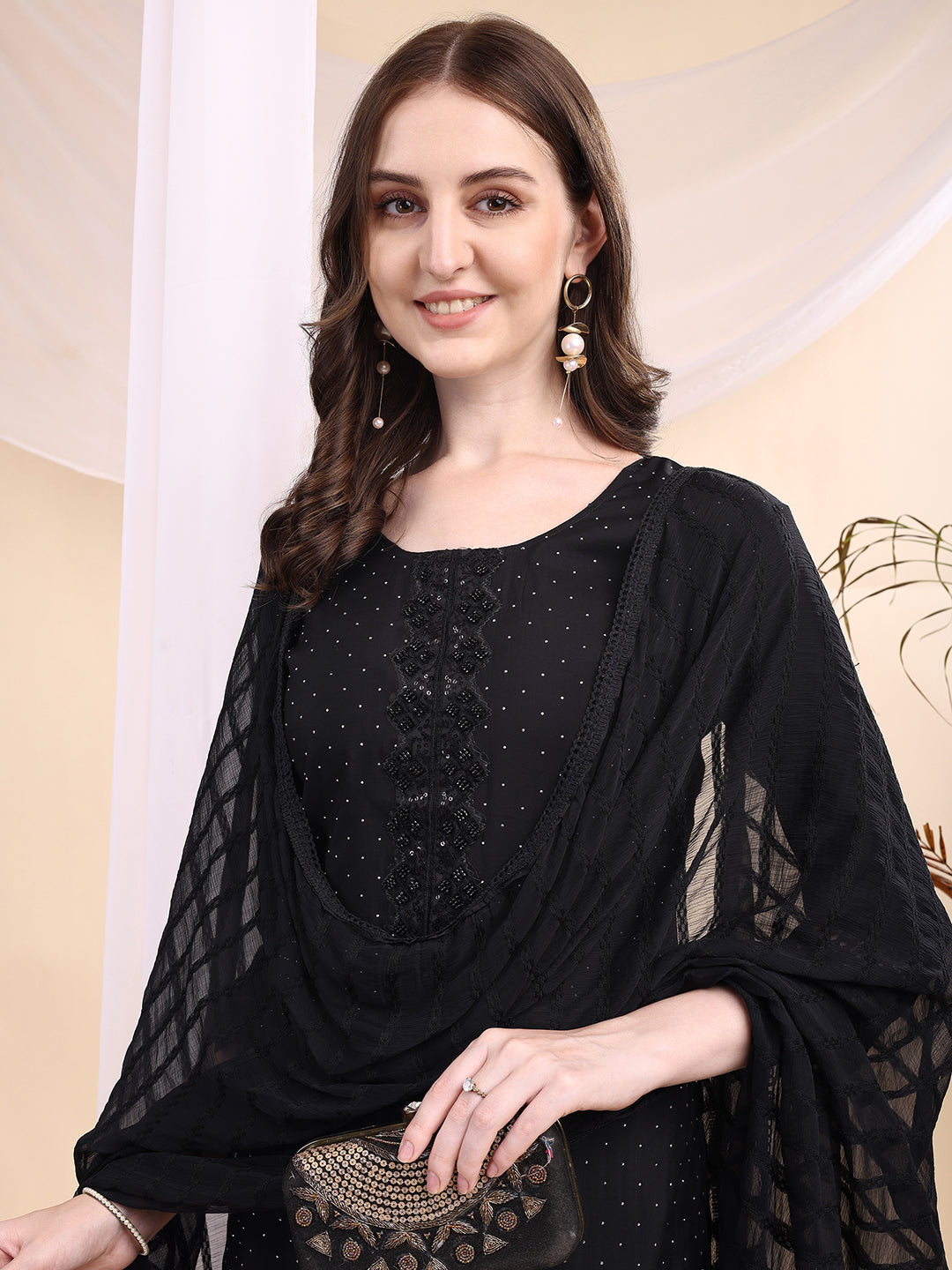 Beads & Swarovski Embroidered Kurta With Pant & Dupatta, Black - Hiral Fashion