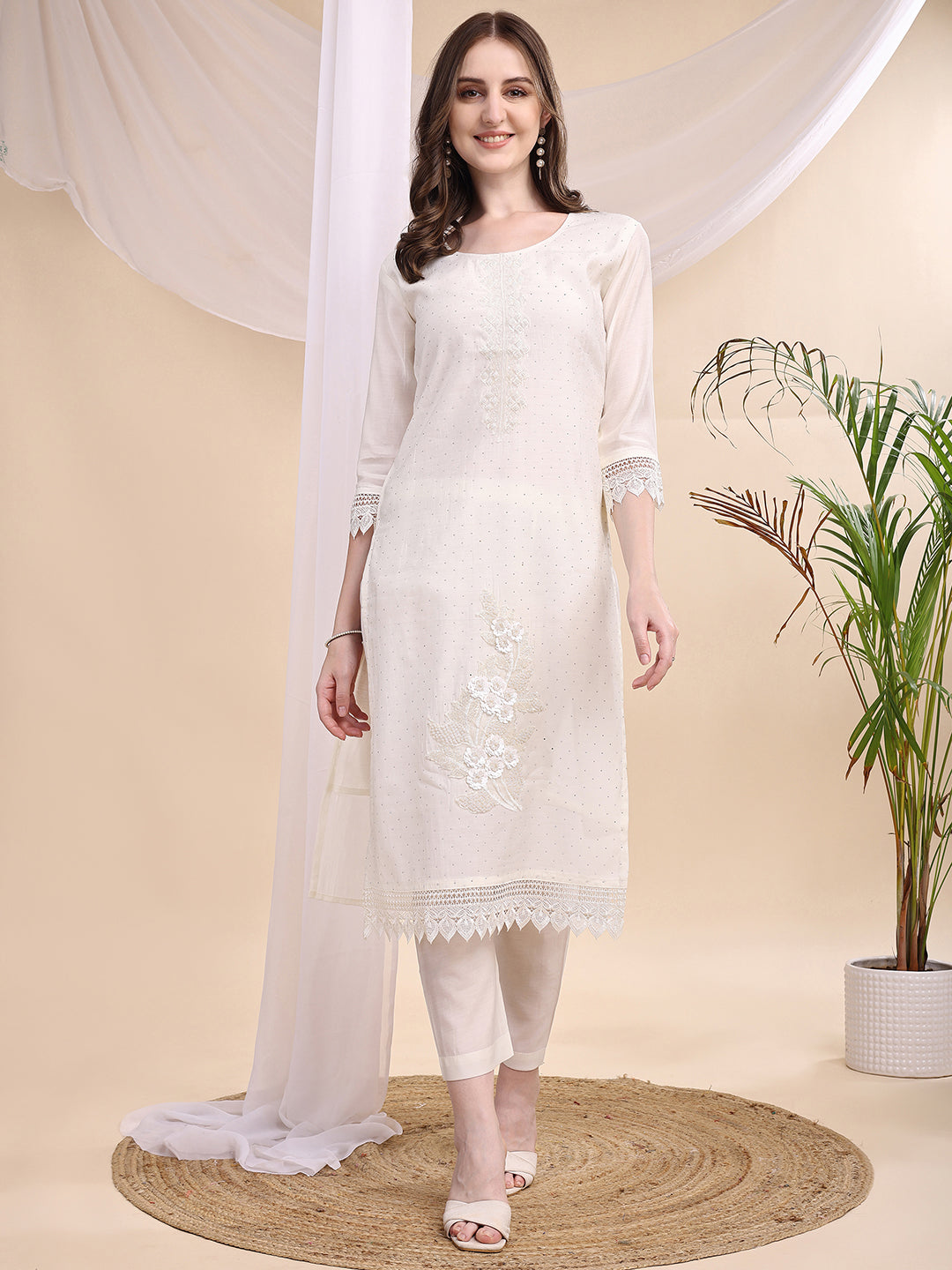 Beads & Swarovski Embroidered Kurta With Pant & Dupatta, White - Hiral Fashion