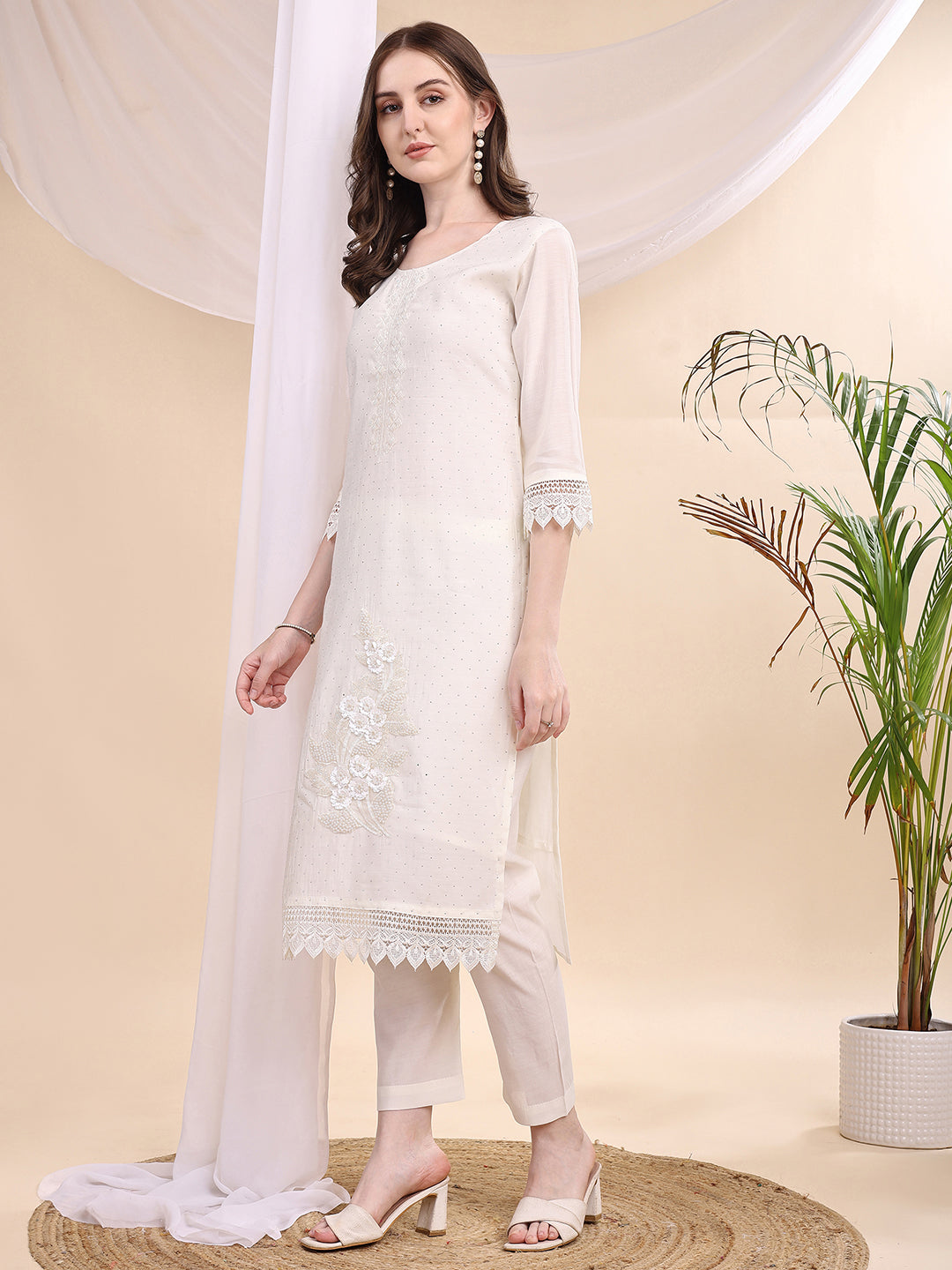 Beads & Swarovski Embroidered Kurta With Pant & Dupatta, White - Hiral Fashion
