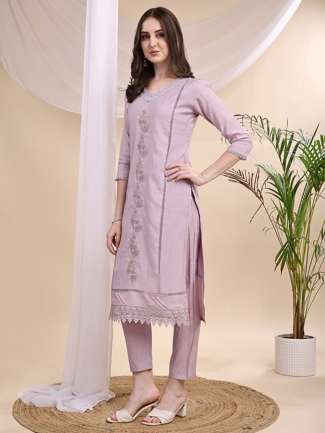 Applique Beads & Lace Embroidered Kurta With Pant & Dupatta, Lavender - Hiral Fashion