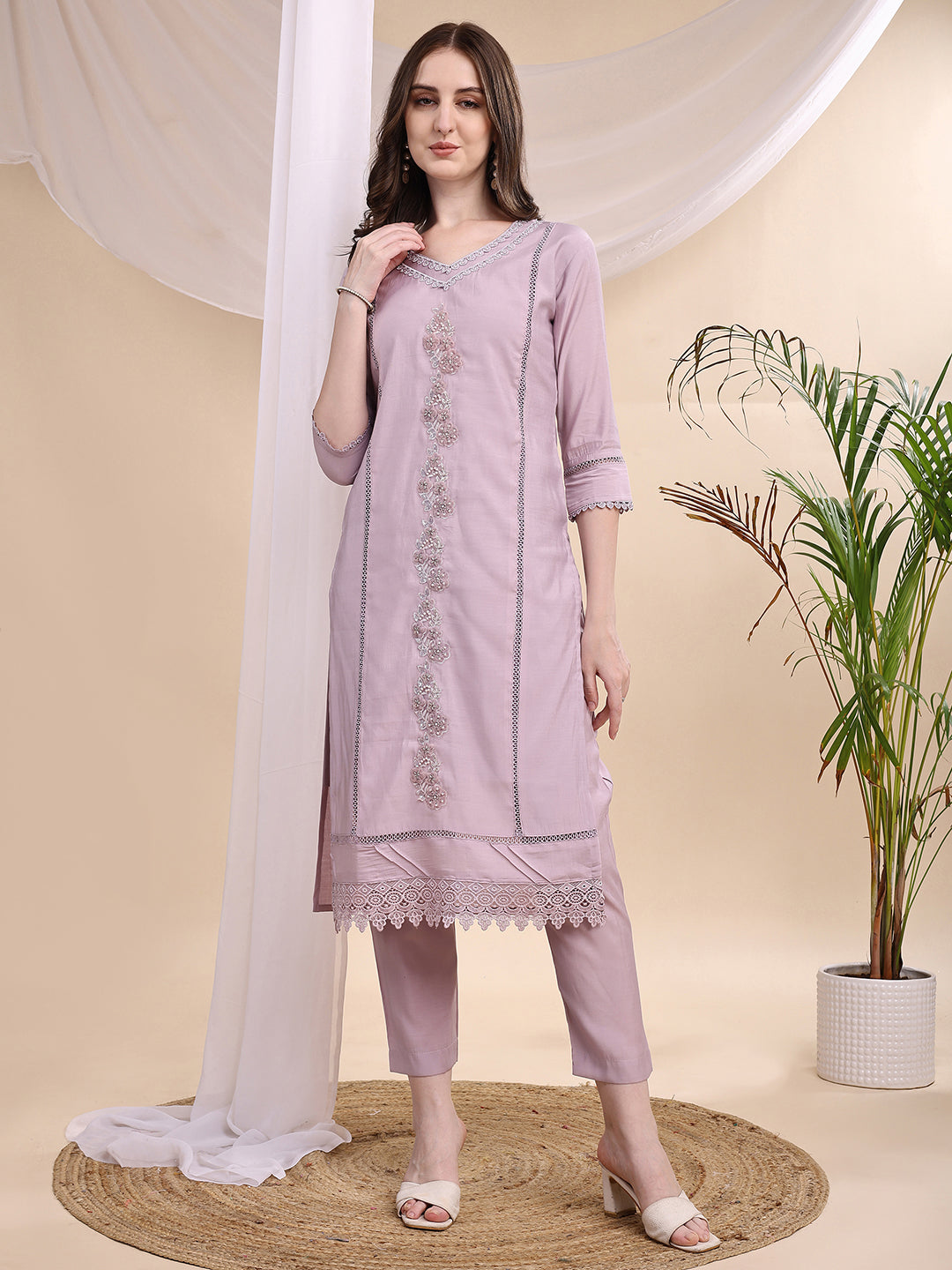 Applique Beads & Lace Embroidered Kurta With Pant & Dupatta, Lavender - Hiral Fashion