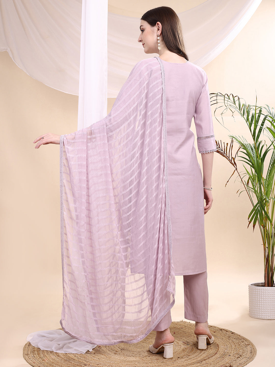 Applique Beads & Lace Embroidered Kurta With Pant & Dupatta, Lavender - Hiral Fashion