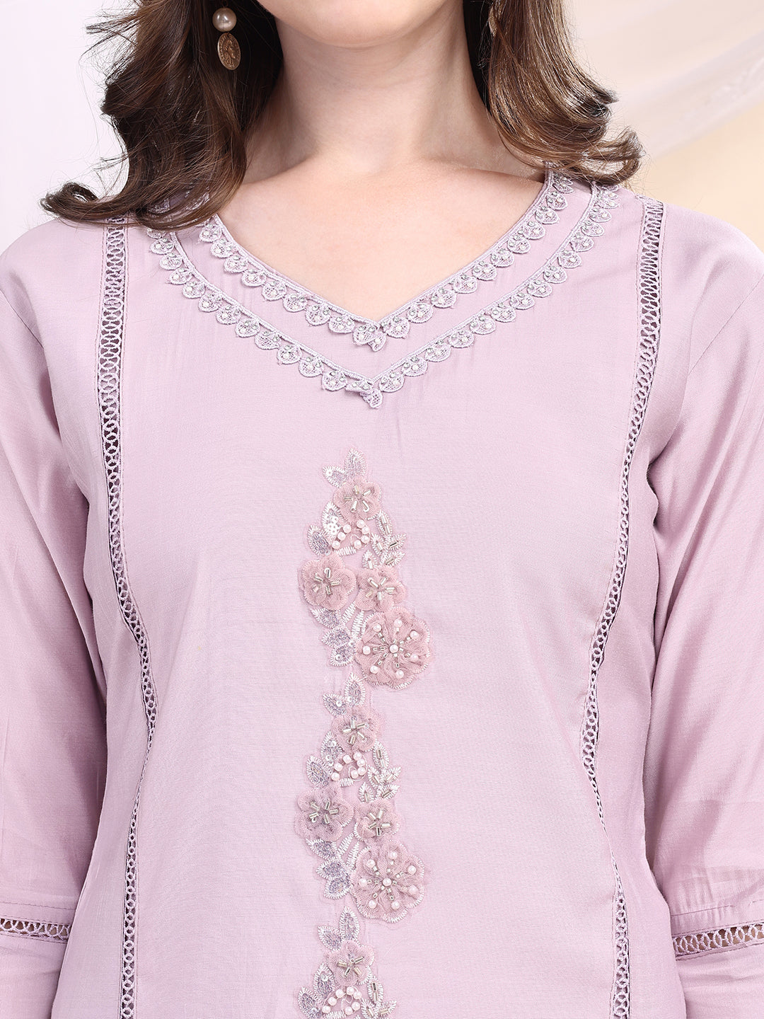 Applique Beads & Lace Embroidered Kurta With Pant & Dupatta, Lavender - Hiral Fashion