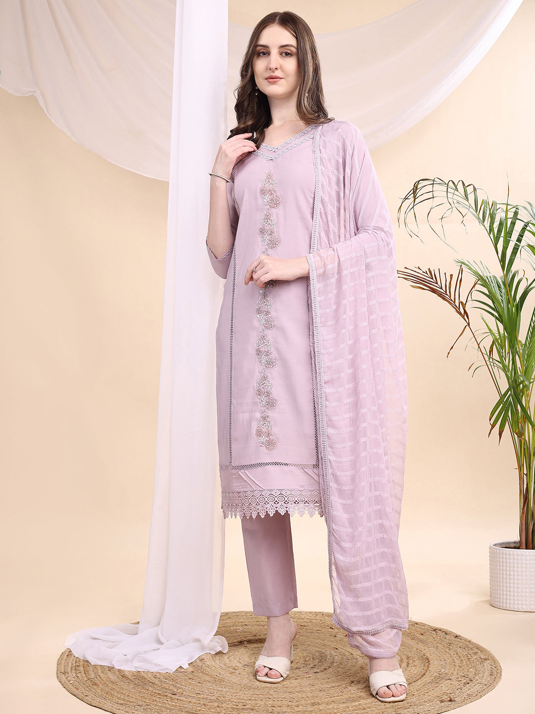 Applique Beads & Lace Embroidered Kurta With Pant & Dupatta, Lavender - Hiral Fashion