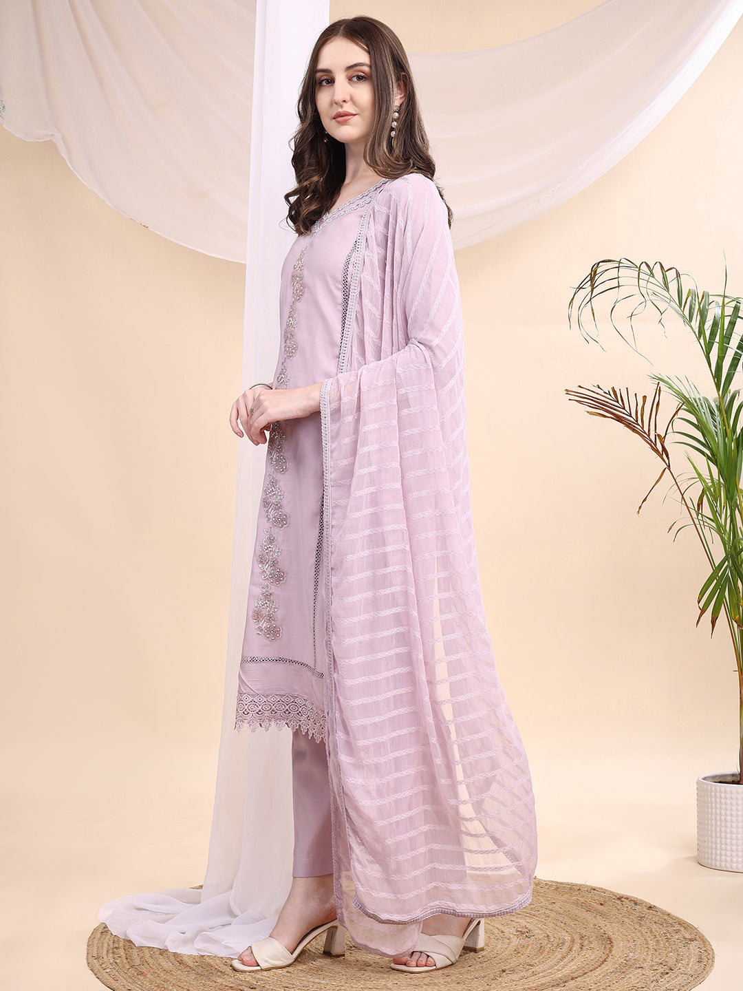 Applique Beads & Lace Embroidered Kurta With Pant & Dupatta, Lavender - Hiral Fashion