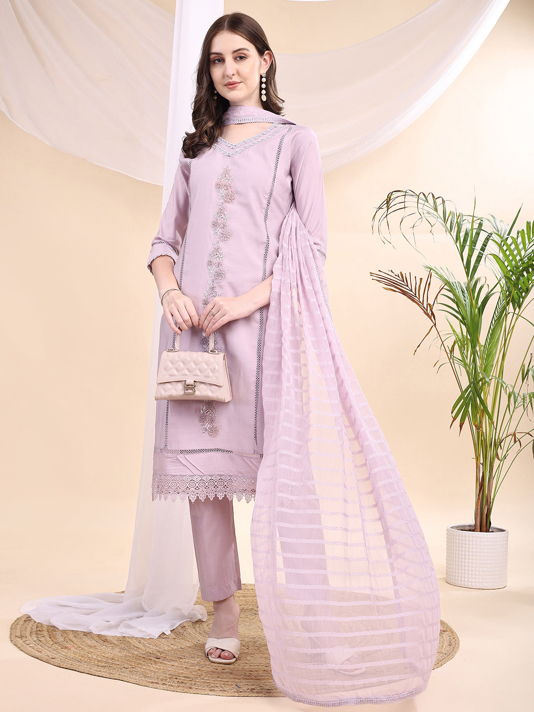 Applique Beads & Lace Embroidered Kurta With Pant & Dupatta, Lavender - Hiral Fashion