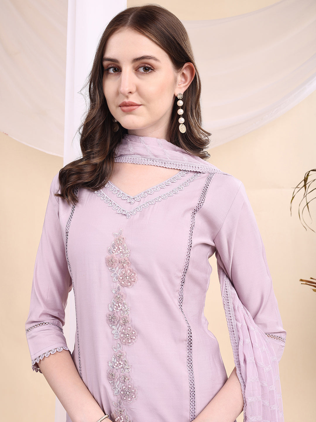 Applique Beads & Lace Embroidered Kurta With Pant & Dupatta, Lavender - Hiral Fashion