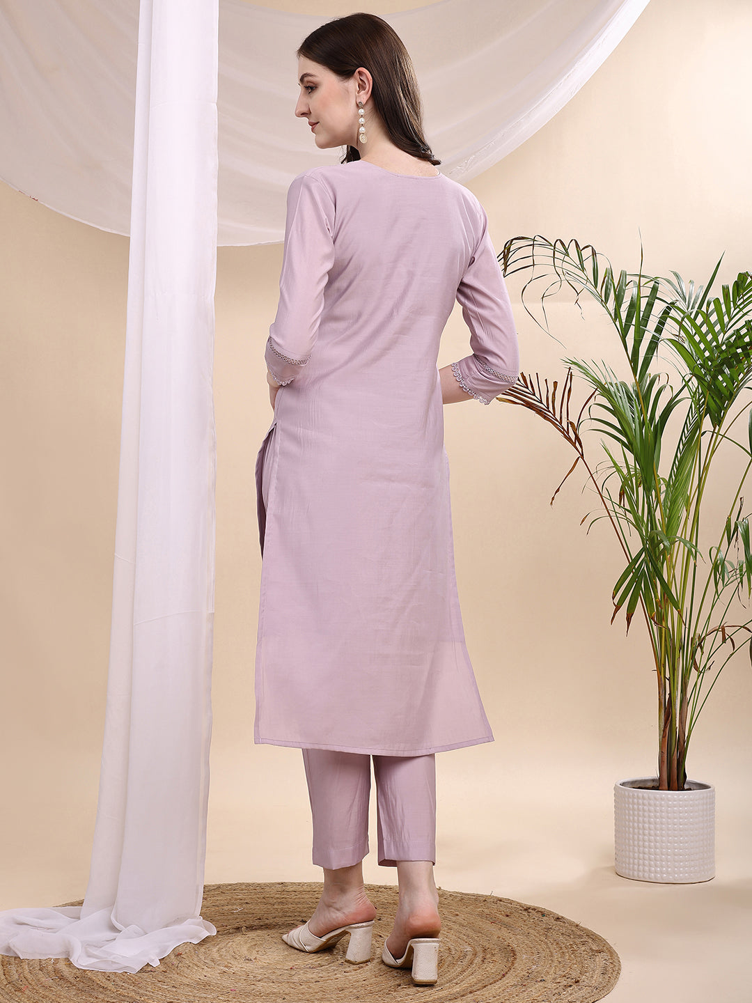 Applique Beads & Lace Embroidered Kurta With Pant & Dupatta, Lavender - Hiral Fashion
