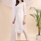 Applique Beads & Lace Embroidered Kurta With Pant & Dupatta, White - Hiral Fashion