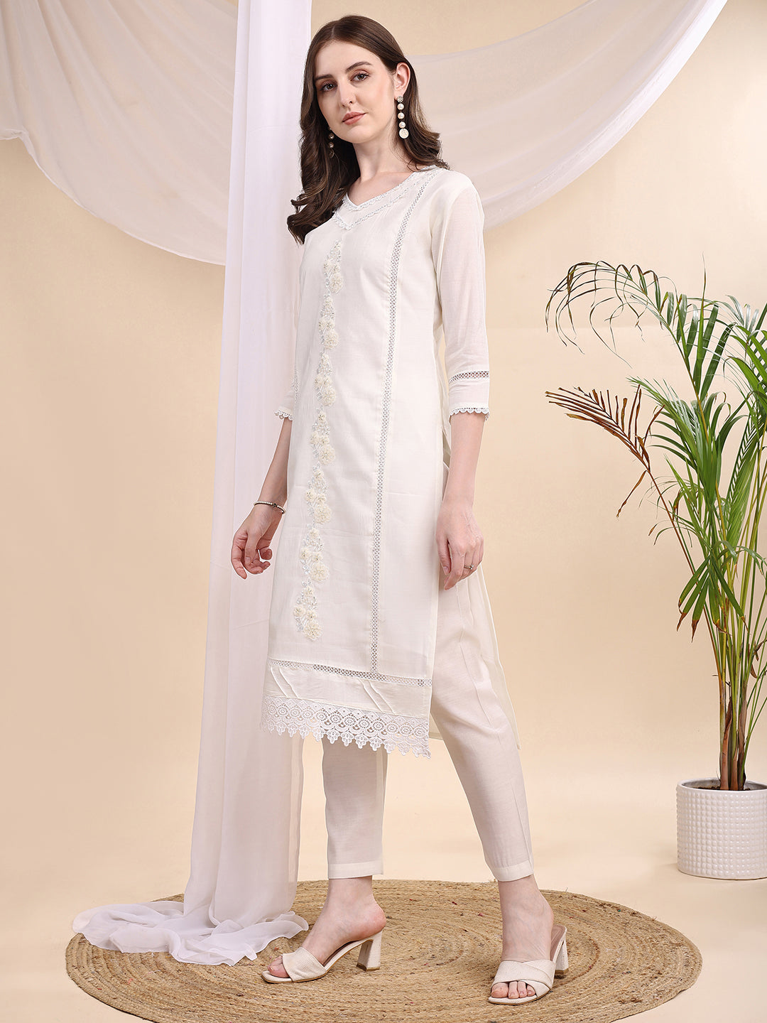 Applique Beads & Lace Embroidered Kurta With Pant & Dupatta, White - Hiral Fashion