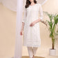 Applique Beads & Lace Embroidered Kurta With Pant & Dupatta, White - Hiral Fashion
