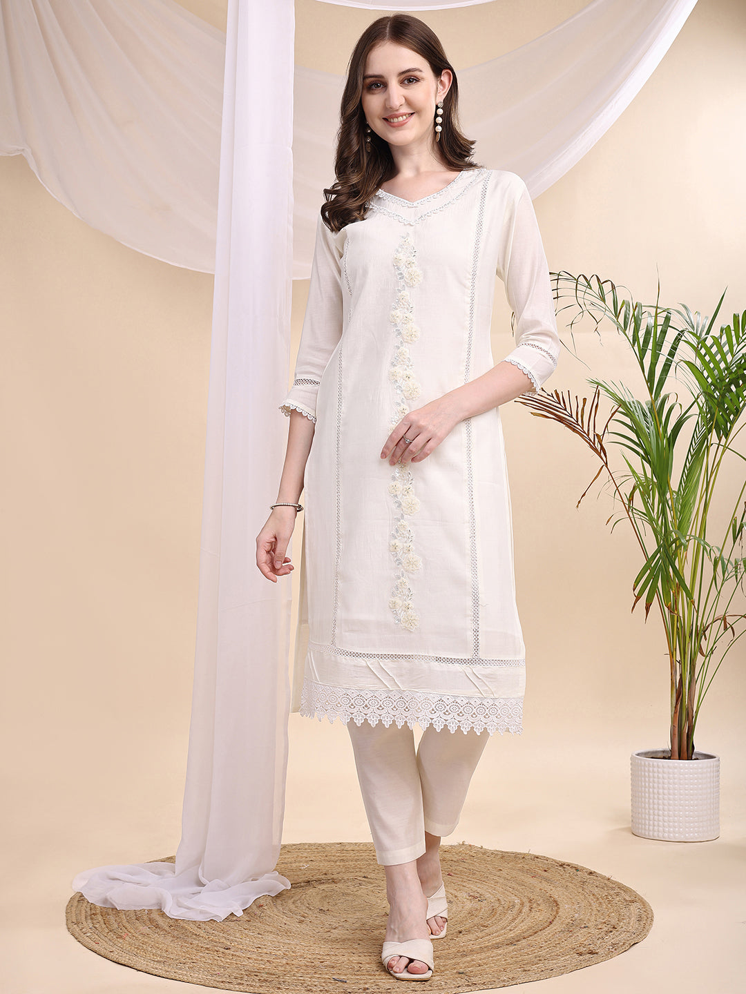Applique Beads & Lace Embroidered Kurta With Pant & Dupatta, White - Hiral Fashion