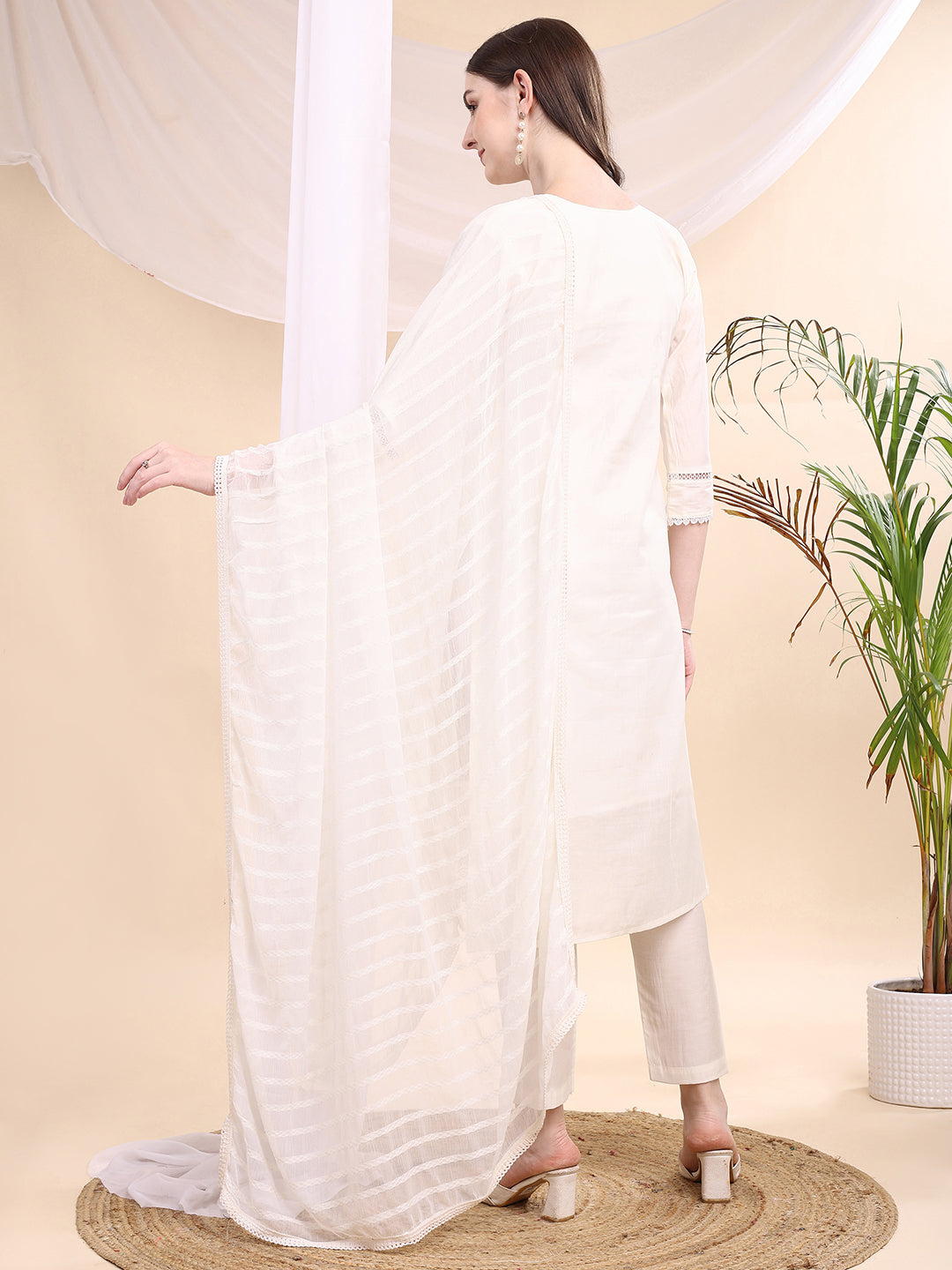 Applique Beads & Lace Embroidered Kurta With Pant & Dupatta, White - Hiral Fashion