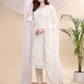 Applique Beads & Lace Embroidered Kurta With Pant & Dupatta, White - Hiral Fashion