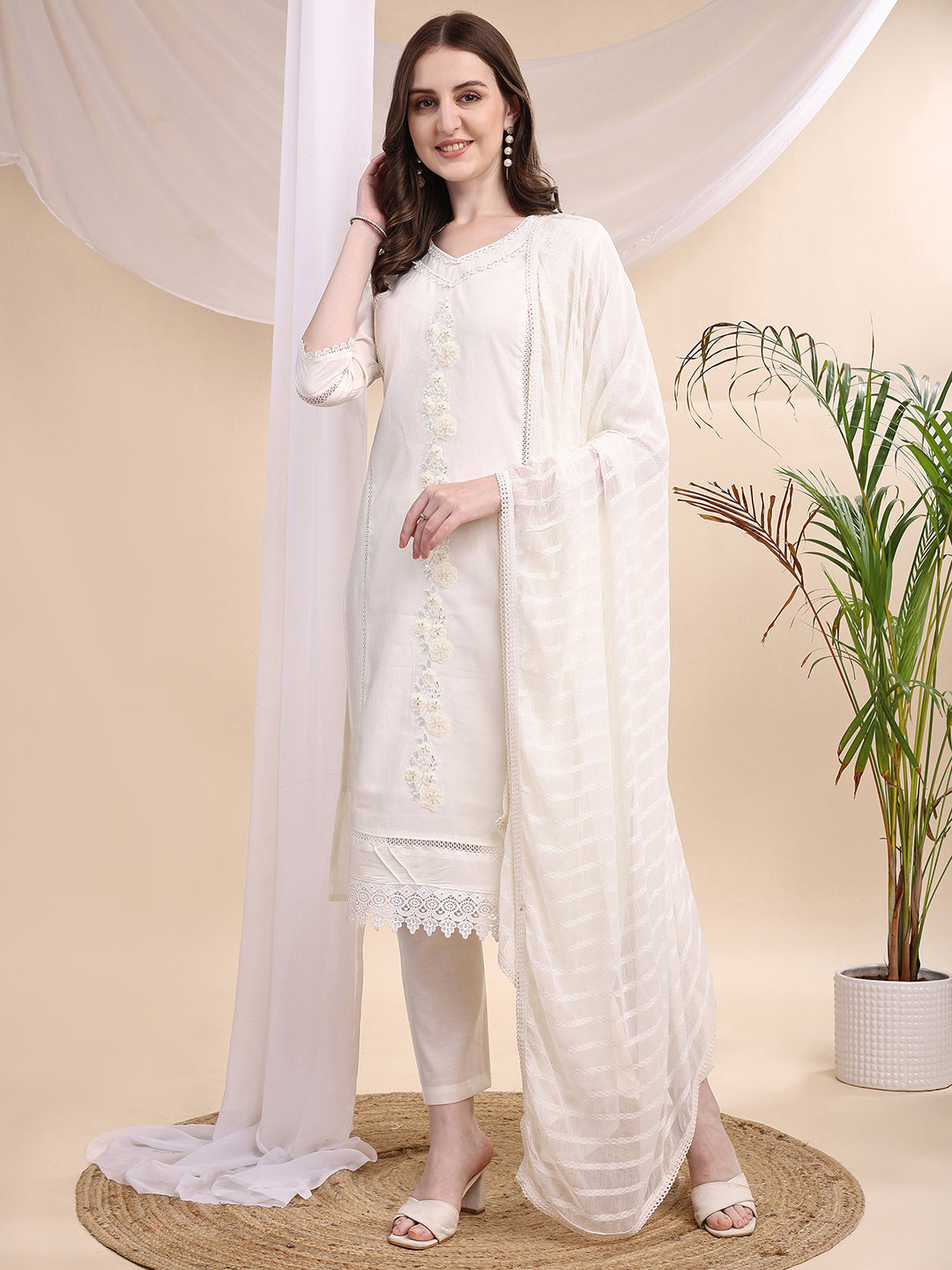Applique Beads & Lace Embroidered Kurta With Pant & Dupatta, White - Hiral Fashion