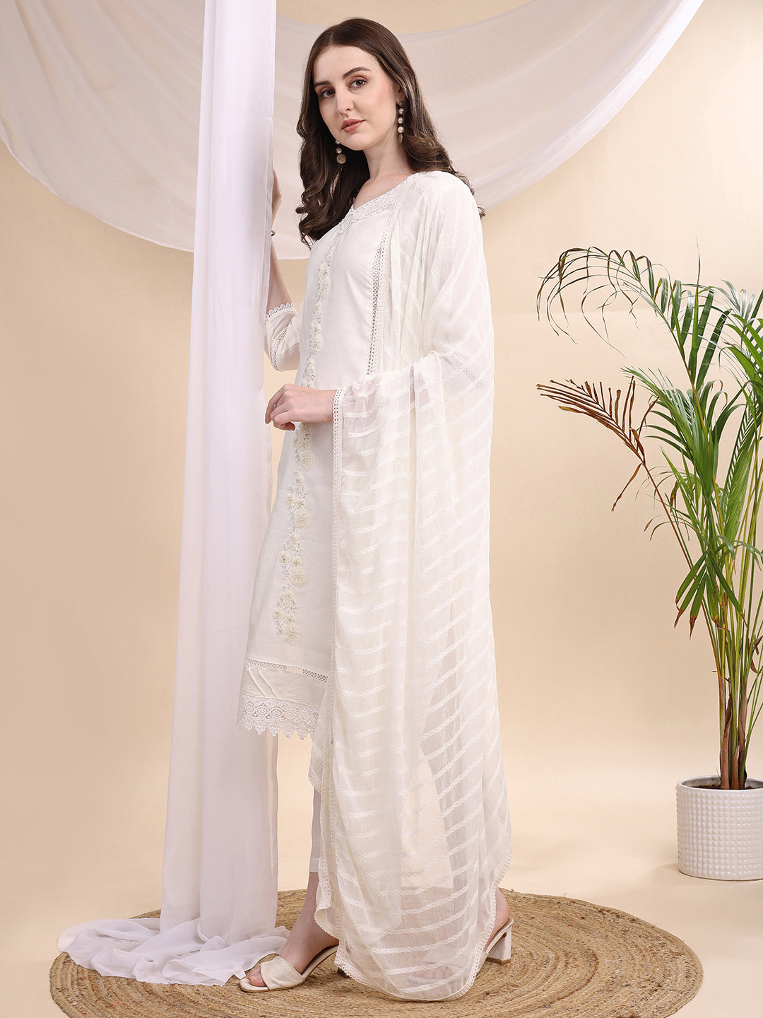 Applique Beads & Lace Embroidered Kurta With Pant & Dupatta, White - Hiral Fashion