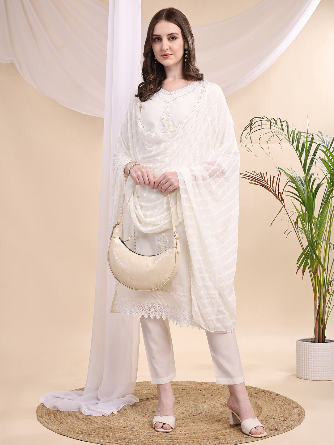 Applique Beads & Lace Embroidered Kurta With Pant & Dupatta, White - Hiral Fashion