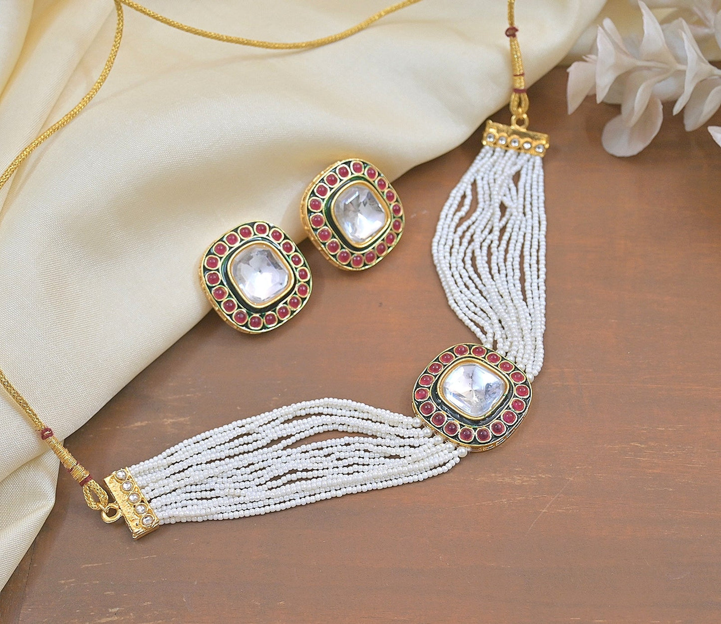 Jewel City Handcrafted Kundan Pearl Necklace Set with Ruby Red Stones - Traditional Indian Wedding Jewelry with Earrings | Swadesiicart