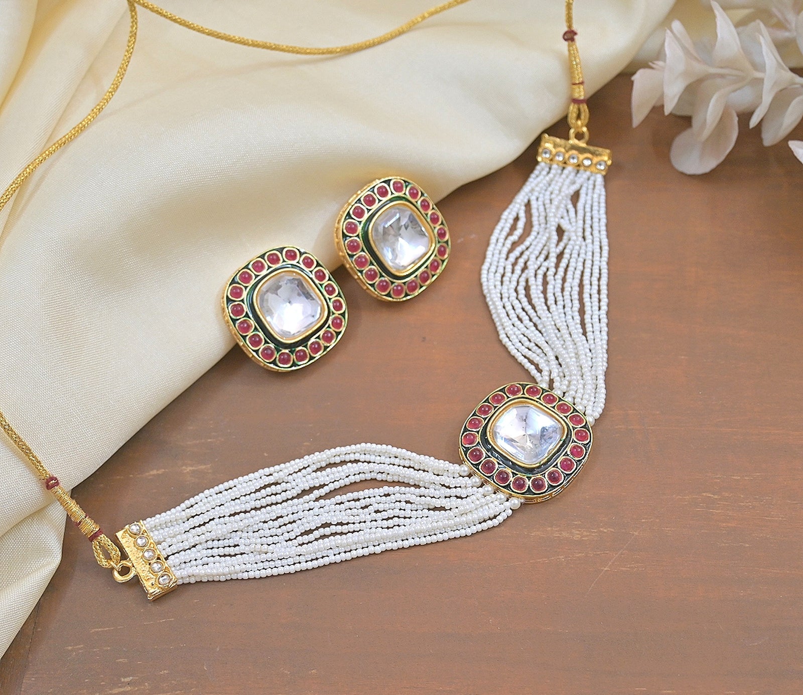 Jewel City Handcrafted Kundan Pearl Necklace Set with Ruby Red Stones - Traditional Indian Wedding Jewelry with Earrings | Swadesiicart